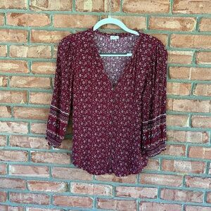Mason and Belle Tierra Smocked-Sleeve Woven Top, burgundy, L
